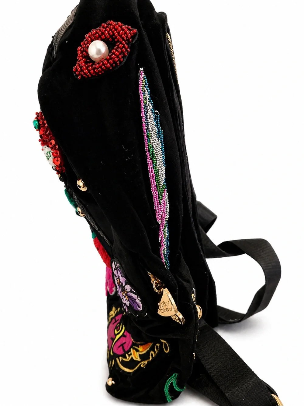 Betsy Johnson Baby’s Got Back Embellished Embroidered Black Velvet Backpack - Picture 7 of 11